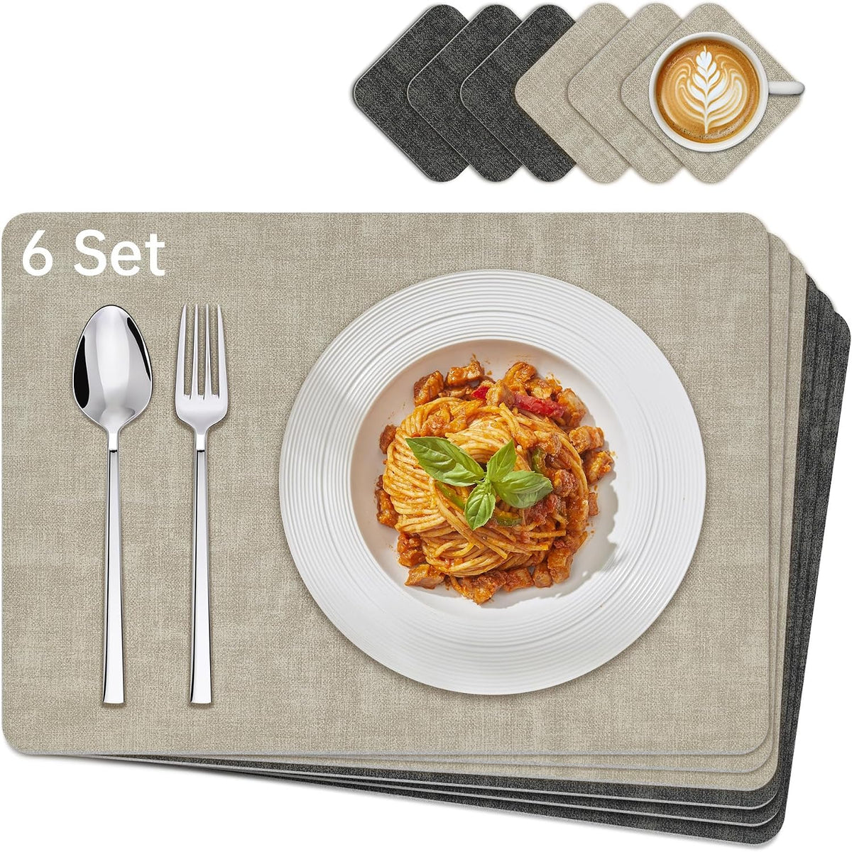 KitchenBoss Placemats Set and Coasters Set of 6, Anti-Slip Dining Table Mats, Wipeable Waterproof Heat Resistant Double-Sided Place Mats for Dining Tables and Desks, Dark Grey (Beige and Dark Gray)