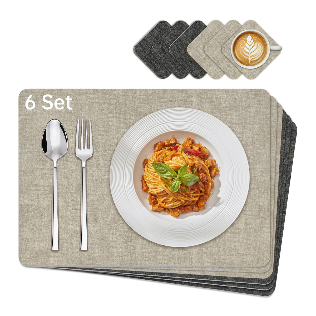 KitchenBoss Placemats Set and Coasters Set of 6, Anti-Slip Dining Table Mats, Wipeable Waterproof Heat Resistant Double-Sided Place Mats for Dining Tables and Desks, Dark Grey (Beige and Dark Gray)