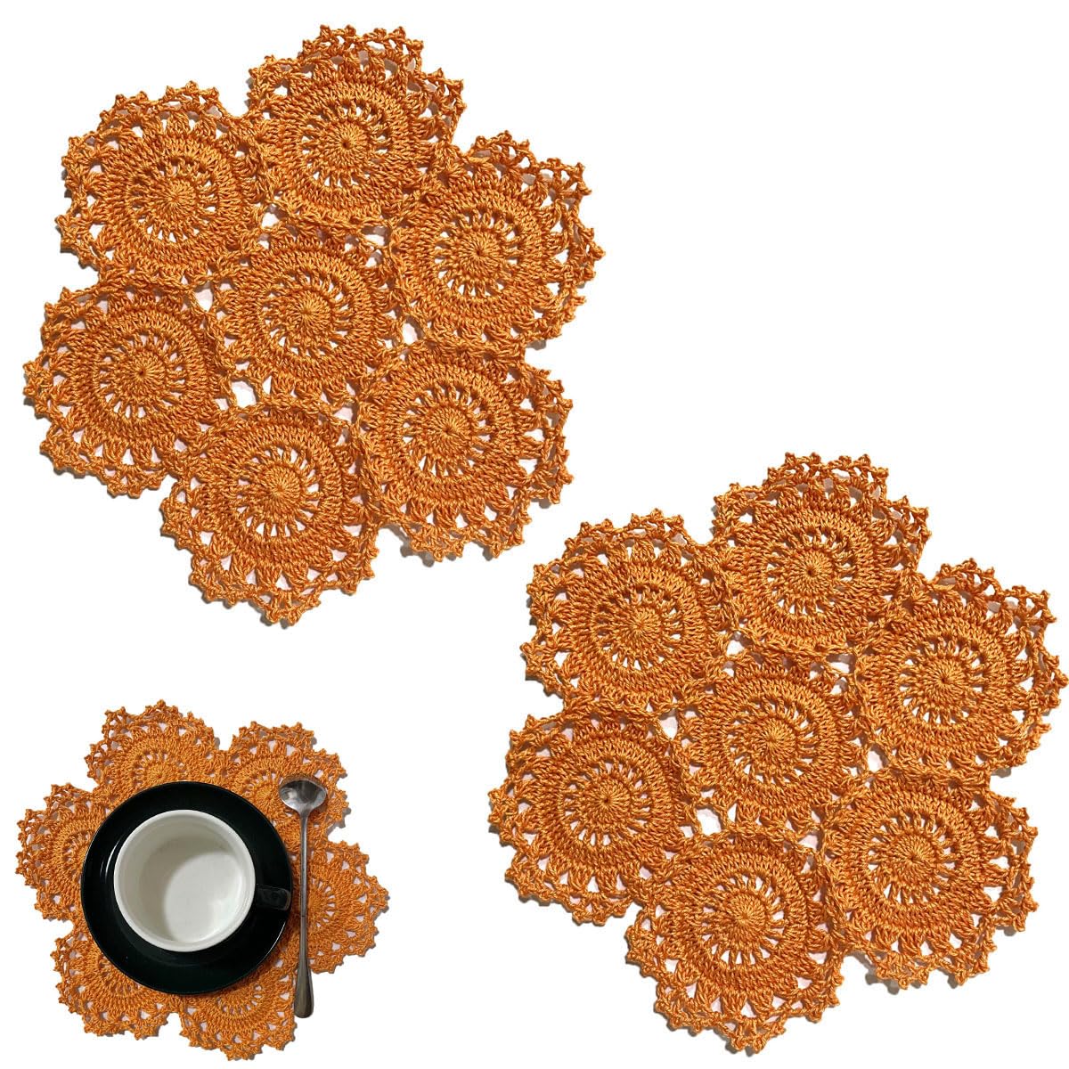 2PCS 10 Inch Sunflower Crochet Place Mats Lace Doilies Coasters Handmade Round Spliced Sunflower Table Cup Mats Easter Mother's Day Decoration,Red
