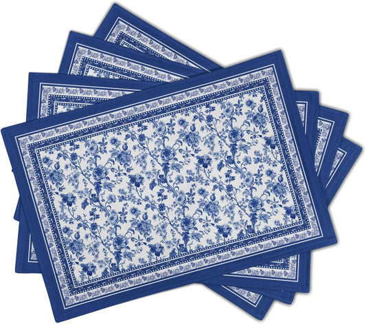 Blue Floral Branches Placemats Set of 4 ，12 x 18 Inch Chinoiserie Table Mats Washable Heat Resistant Linen Fabric Rectangle Place Mat for Indoor Outdoor Kitchen Dining Home Decor