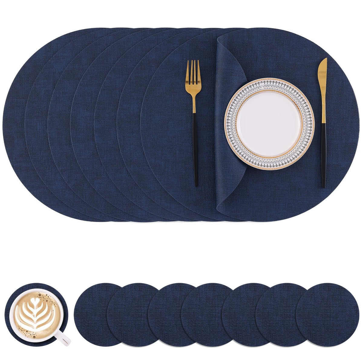Homaxy Round Faux Leather Placemats and Coasters, Set of 4, Beige