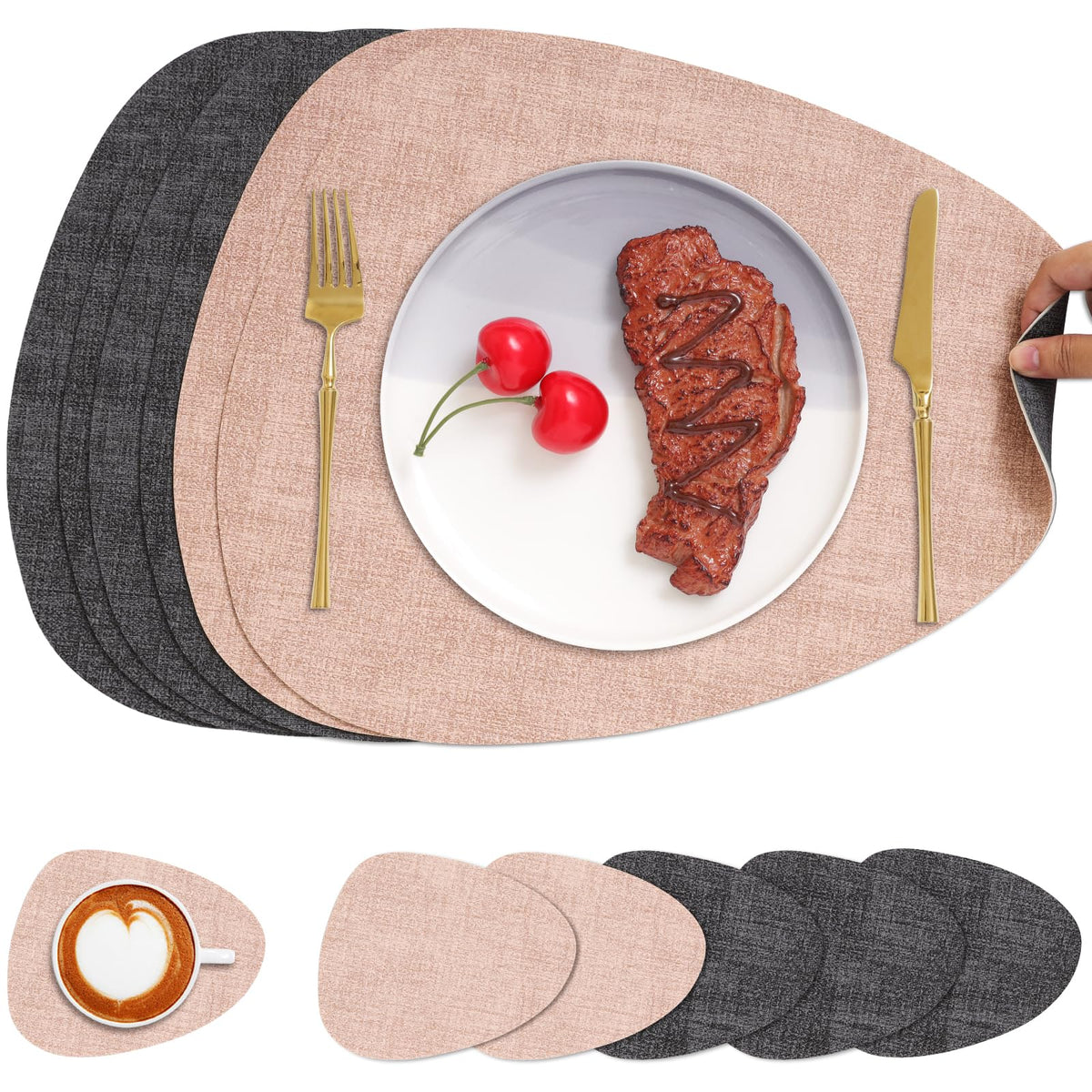 Faux Leather Placemats Set of 4, Dual Sided with Drink Coasters