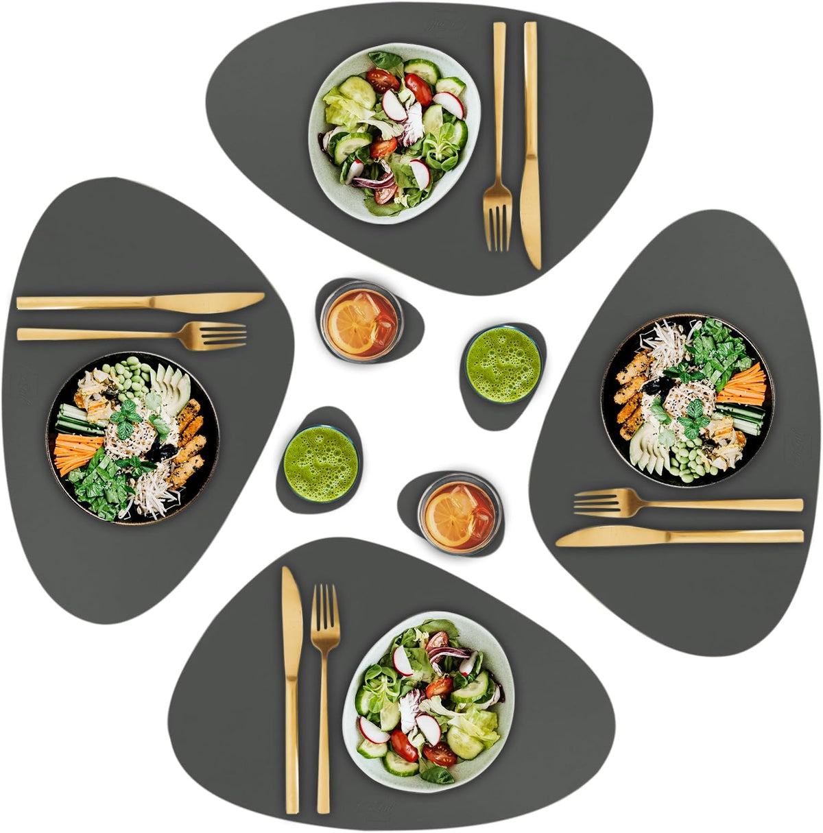 Faux Leather Placemats and Coasters - Set of 4 Round Modern Charcoal Table Mats for Dining - Heat Resistant, Waterproof & Non Slip mat for Indoor & Outdoor - Wipeable for Easy Care