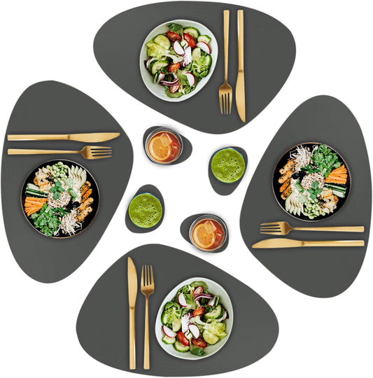 Faux Leather Placemats and Coasters - Set of 4 Round Modern Charcoal Table Mats for Dining - Heat Resistant, Waterproof & Non Slip mat for Indoor & Outdoor - Wipeable for Easy Care