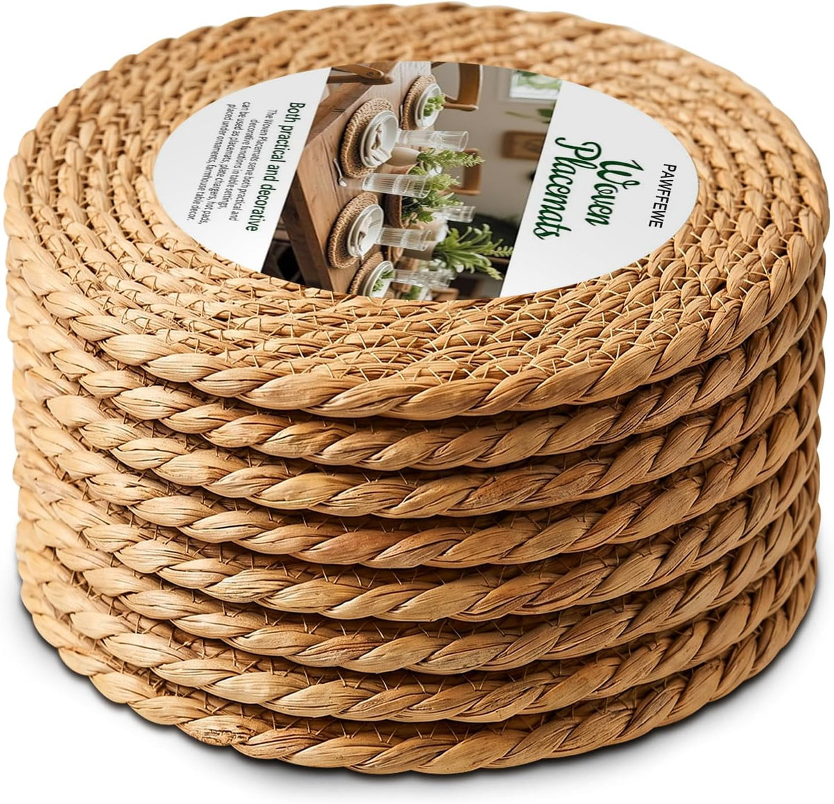 8 Pcs Woven Placemats - PAWFFEWE 13 in Round Natural Water Hyacinth Place Mats Coasters, Farmhouse Boho Straw Heat Resistant Outdoor Patio Rattan Wicker Table Mats for Dining Table,Home,Wedding