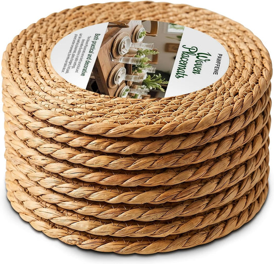 8 Pcs Woven Placemats - PAWFFEWE 13 in Round Natural Water Hyacinth Place Mats Coasters, Farmhouse Boho Straw Heat Resistant Outdoor Patio Rattan Wicker Table Mats for Dining Table,Home,Wedding