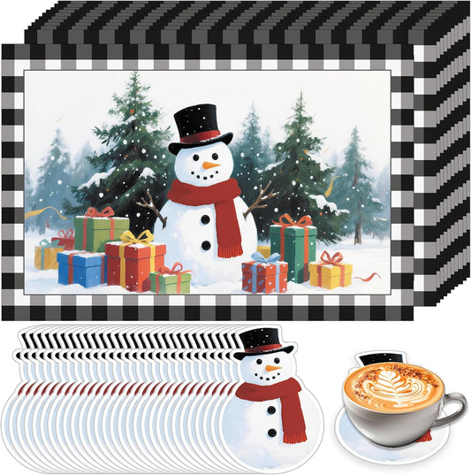 50 Pcs Christmas Paper Placemats, Christmas Tree Snowman Disposable Paper Place Mats with Coasters - 11 x 16.5 Inch Xmas Placemats Table Mats for Xmas Party Kitchen Dining Table Decor