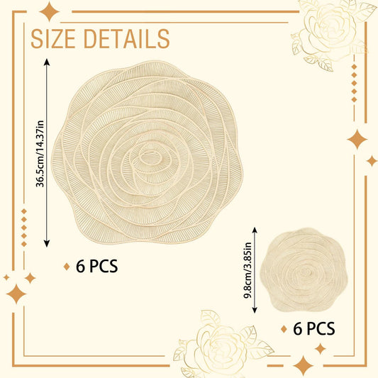 12 Pcs Round Pressed Vinyl Placemats Gold Placemat Coaster Set Metallic Place Mat Rose Floral Non Slip Table Mats for Wedding Dinner Party Table Supplies Washable Heat Resistant (Gold Rose, 12)