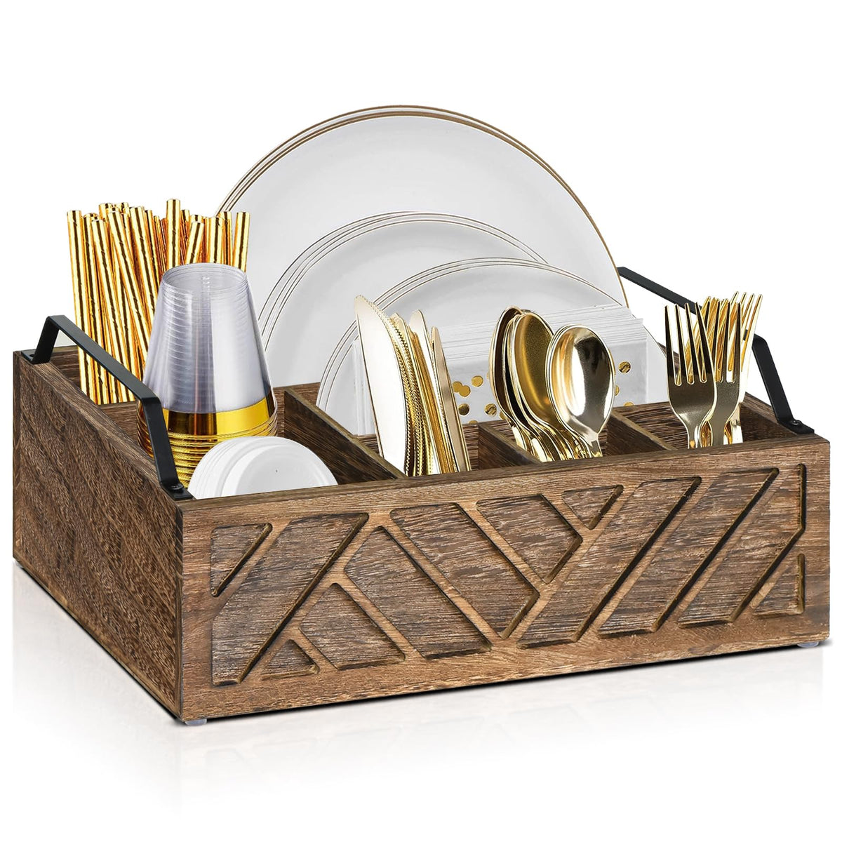Ukonvi Paper Plate Dispenser and Holder for Kitchen Counter, Wood Rustic Silverware Utensil Caddy, Cutlery Flatware Organizer Box for Cups Spoons Forks Napkins, Kitchen Accessories