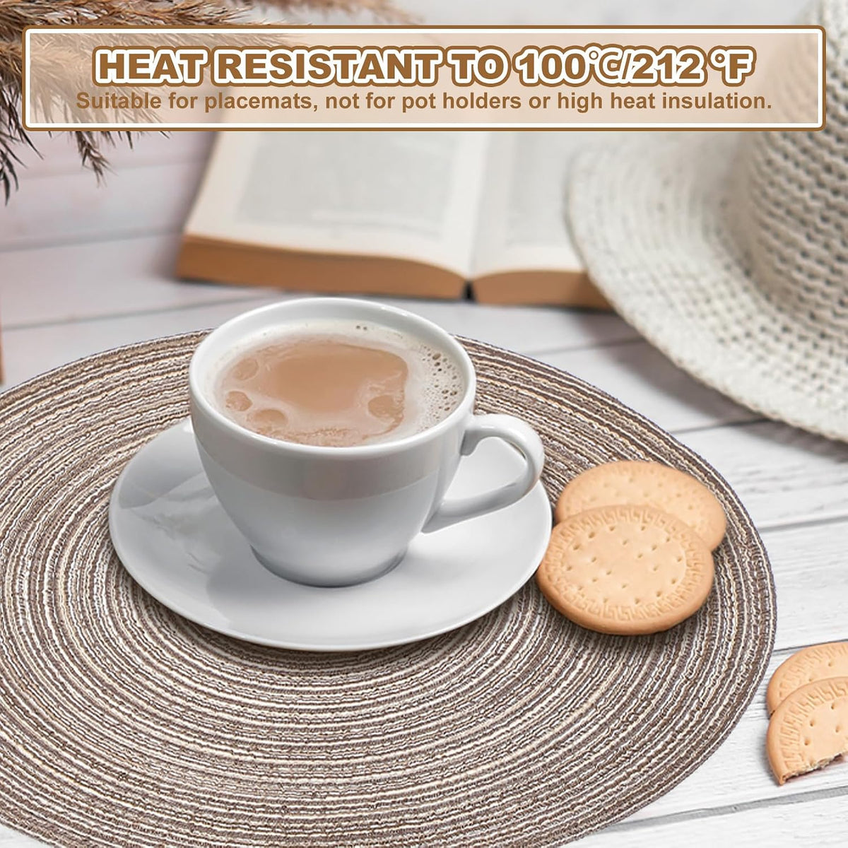 uxcell 8 Pcs Round Woven Placemats, 4.3 Inch Braided Washable Placemat Heat Resistant Decorative Place Mat for Kitchen Dining Table Countertop, Coffee/Khaki