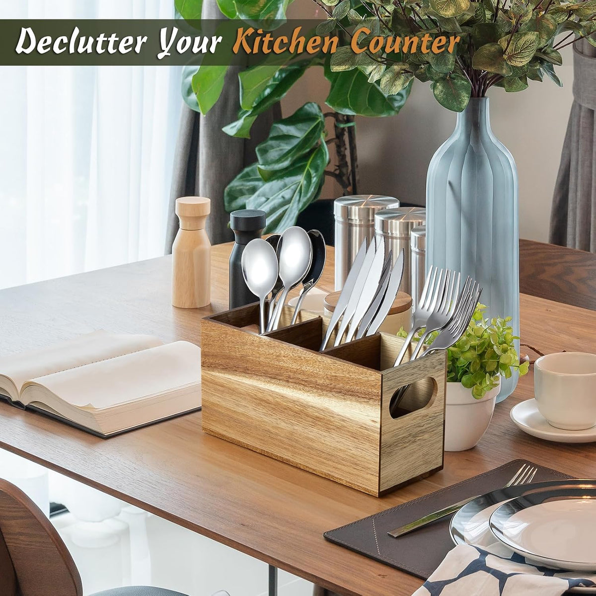 DRASTAR Silverware Holder, Acacia Wooden Utensil Caddy, Silverware Organizer Countertop, Cutlery Holder for Party, Fork Spoon Knife Organizer