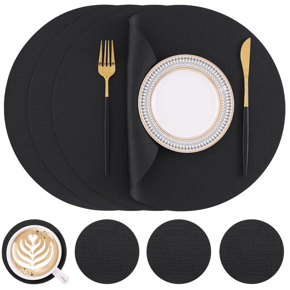 Homaxy Round Faux Leather Placemats and Coasters, Set of 4, Beige