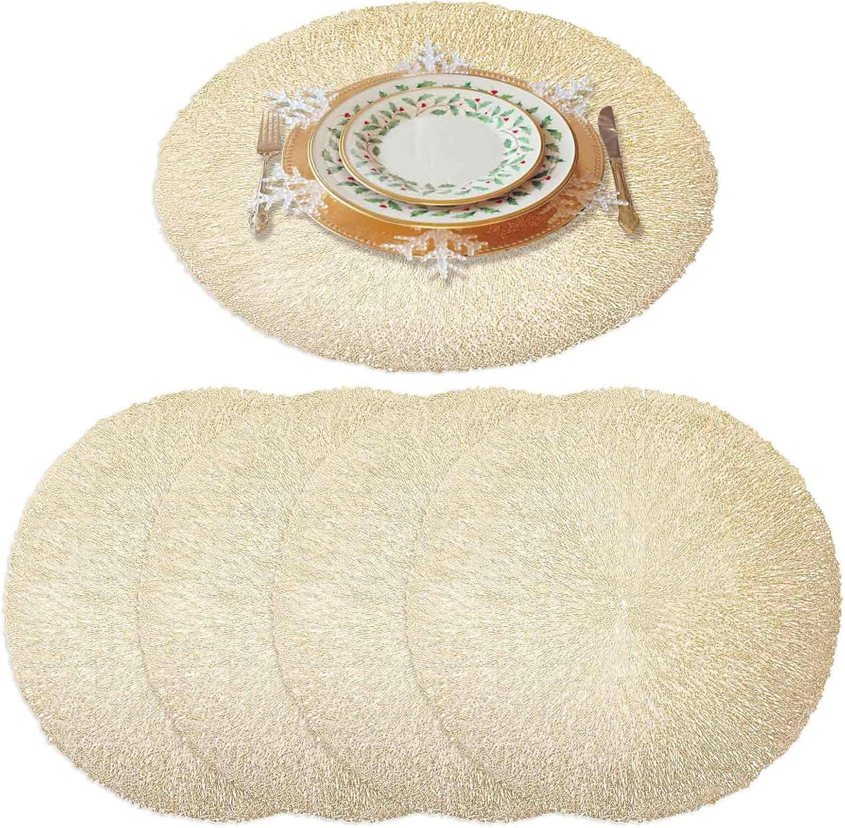 GIVERARE Placemats Set of 4, Round Heat-Resistant Vinyl Placemat, 15 inch Non-Slip Washable PVC Table Mat, Easy to Clean Premium Plastic Mats for Dining Table, Kitchen Table (Gold)