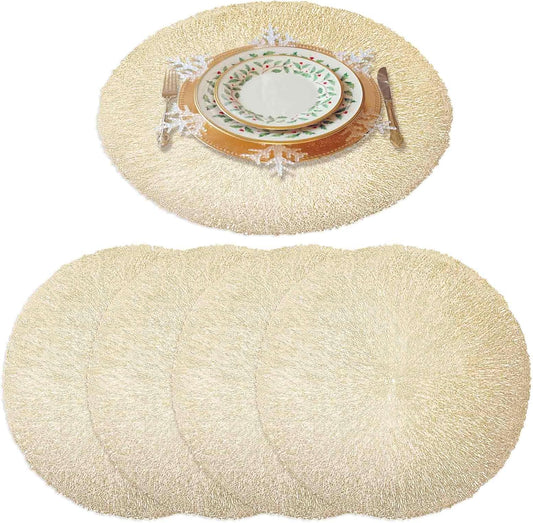GIVERARE Placemats Set of 4, Round Heat-Resistant Vinyl Placemat, 15 inch Non-Slip Washable PVC Table Mat, Easy to Clean Premium Plastic Mats for Dining Table, Kitchen Table (Gold)