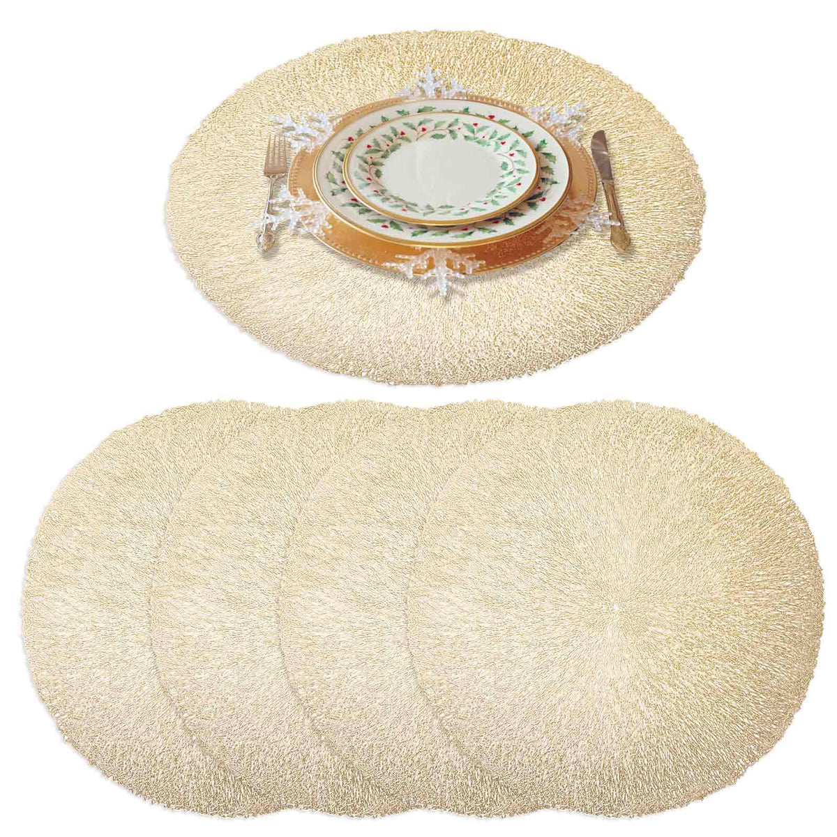 GIVERARE Placemats Set of 4, Round Heat-Resistant Vinyl Placemat, 15 inch Non-Slip Washable PVC Table Mat, Easy to Clean Premium Plastic Mats for Dining Table, Kitchen Table (Gold)