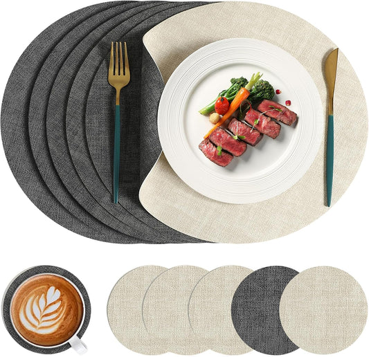 13" Round Placemats Set of 6 with Coasters,Reversible Faux Leather Heat Resistant Table Mats, 100% Waterproof Oilproof Wipeable Double-Sided Place Mats for Indoor/Outdoor Use (Beige) ﻿ ﻿