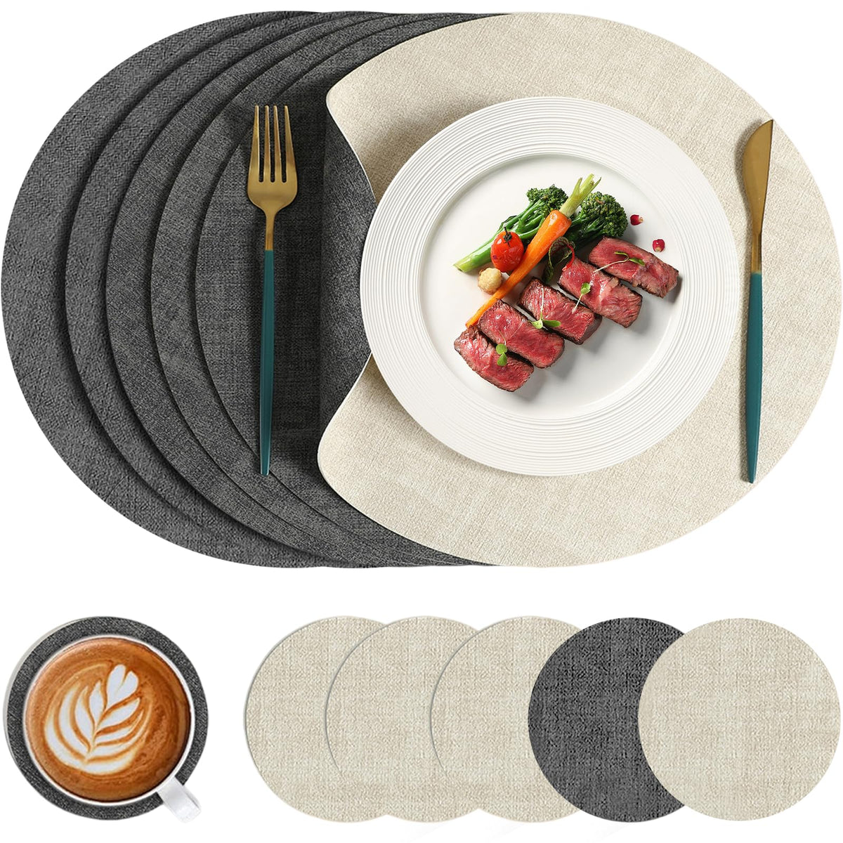 13" Round Placemats Set of 6 with Coasters,Reversible Faux Leather Heat Resistant Table Mats, 100% Waterproof Oilproof Wipeable Double-Sided Place Mats for Indoor/Outdoor Use (Beige) ﻿ ﻿