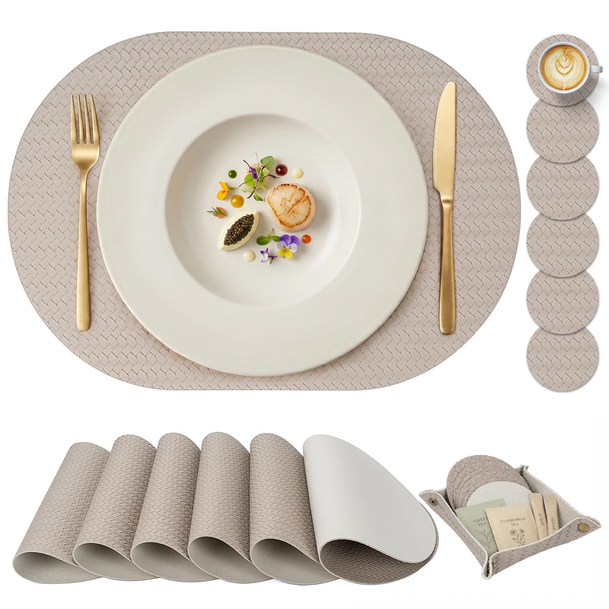 Woven Faux Leather Oval Placemats Set of 4/6 with Coasters & Tray, Heat Resistant, Non-Slip, Washable Dining Table Mats