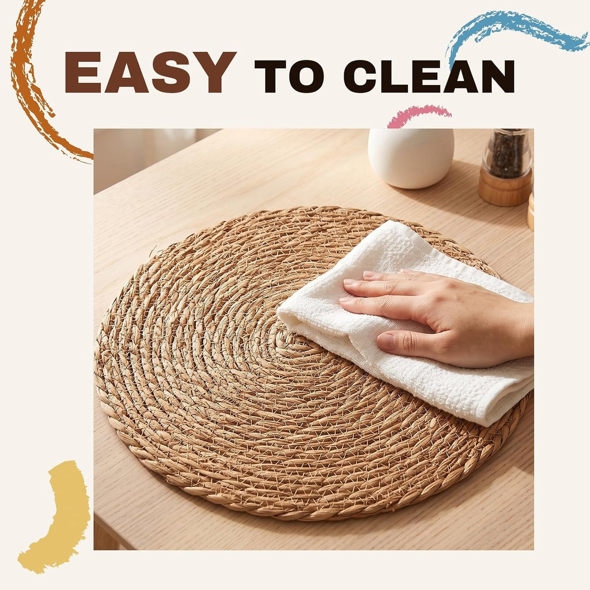 8 Pcs Woven Placemats - PAWFFEWE 13 in Round Natural Water Hyacinth Place Mats Coasters, Farmhouse Boho Straw Heat Resistant Outdoor Patio Rattan Wicker Table Mats for Dining Table,Home,Wedding