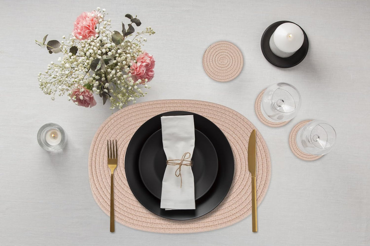 Handmade Boho Placemats Set of 6 Oval – Natural Woven Cotton Farmhouse Table Mats for Dining Table, Fall, Halloween, Thanksgiving, Christmas