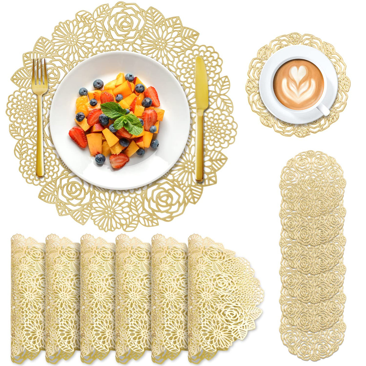 12 Pcs Round Pressed Vinyl Placemats Gold Placemat Coaster Set Metallic Place Mat Rose Floral Non Slip Table Mats for Wedding Dinner Party Table Supplies Washable Heat Resistant (Gold Rose, 12)