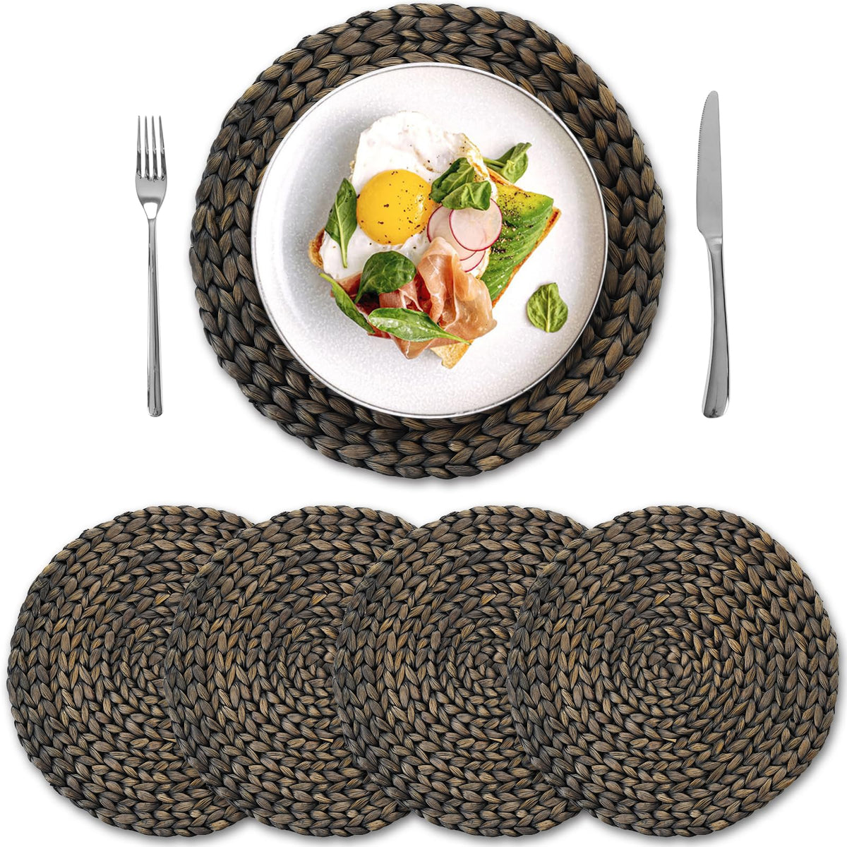8 Pack, Round Woven Placemats, Natural Water Hyacinth Wicker Place Mats, Braided Straw Table Mats for Dining Table, Fall, Halloween, Thanksgiving, Christmas, Black (13.8 inch)