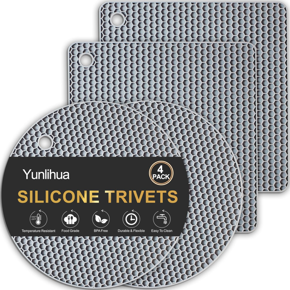 4 PCS Silicone Trivets for Hot Pots and Pans, Hot Dishers, Heat Resistant Pot Holders for Kitchen, Multipurpose Non-Slip Hot Pads Mats Coasters for Kitchen Countertop Protector, Table, Black