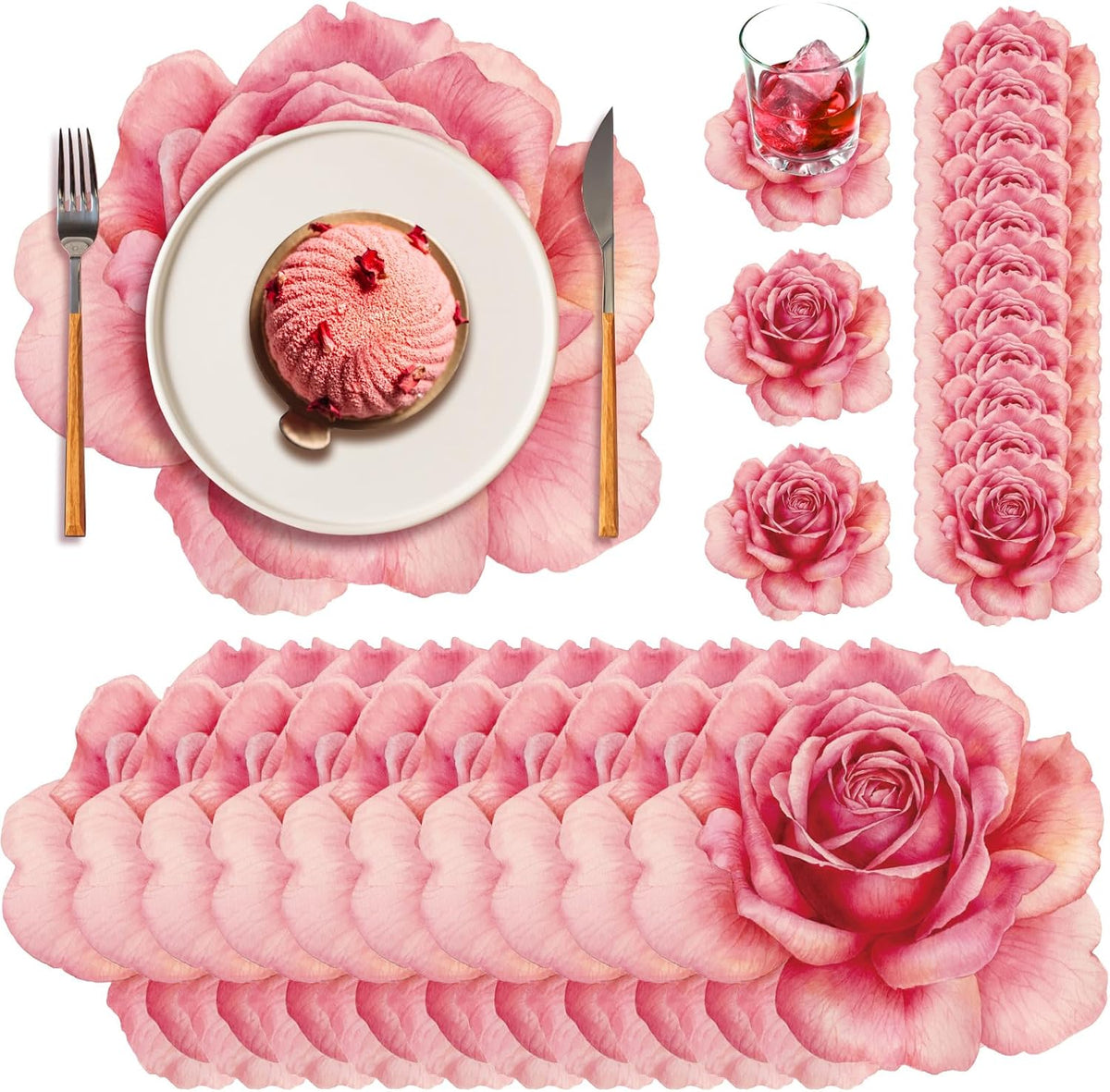 Geosar 200 Pcs Pink Floral Paper Placemats and Coasters Rose Flower Design
