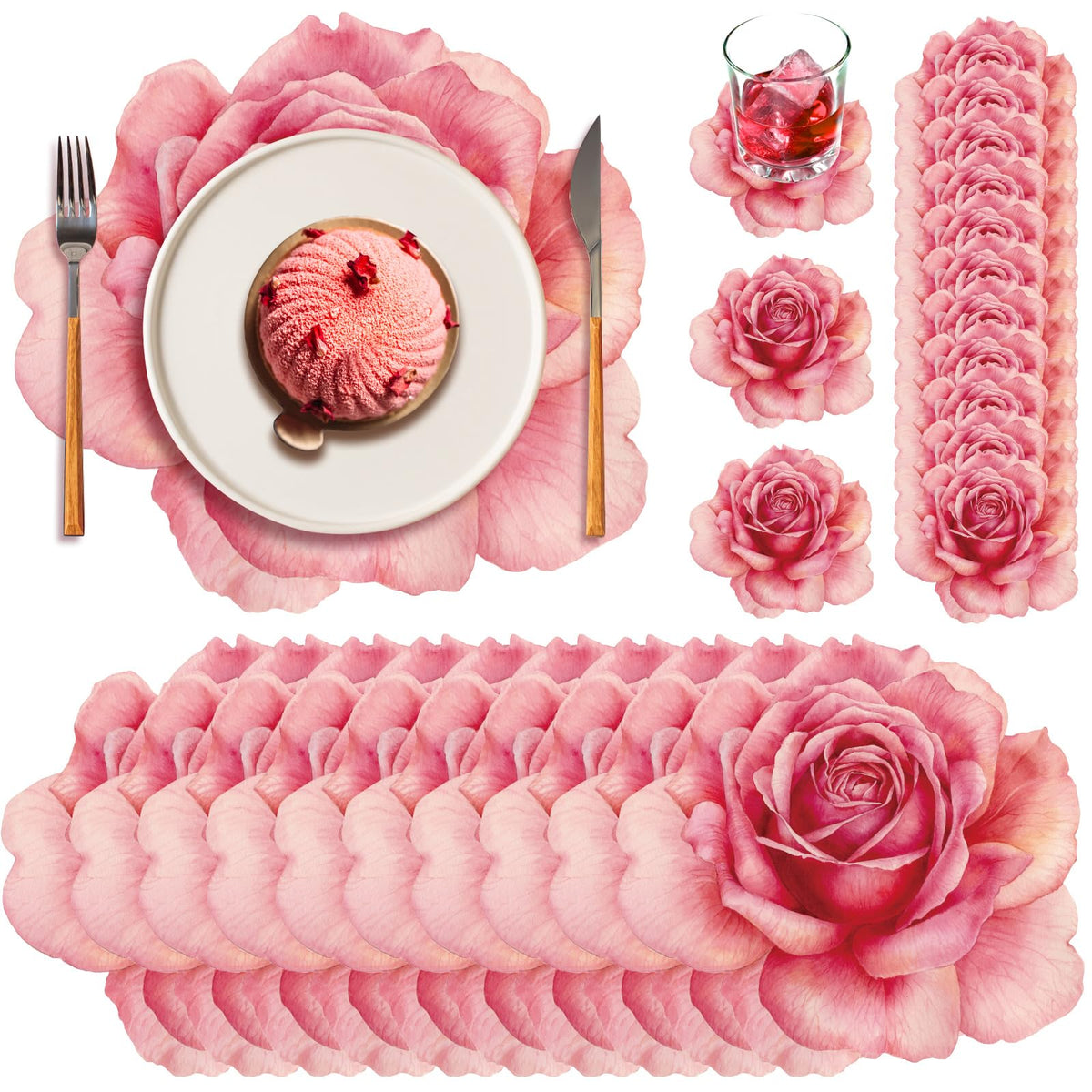 Geosar 200 Pcs Pink Floral Paper Placemats and Coasters Rose Flower Design