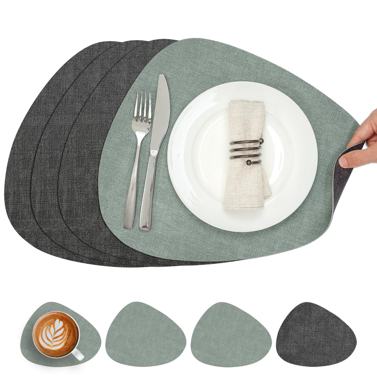 Faux Leather Placemats Set of 4, Dual Sided with Drink Coasters