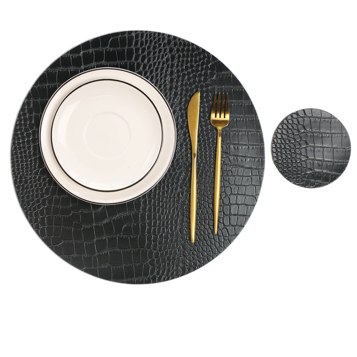 Jovono Round Leather Placemats for Round Tables Set of 4, Brown Place Mats and Coasters, Wipeable Waterproof Heat Resistant Table Mats Easy to Care for Indoor Decor 13 inch Diameter