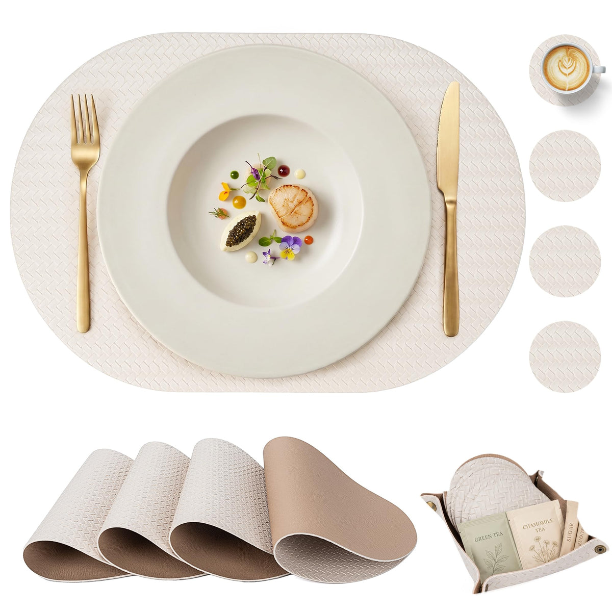 Woven Faux Leather Oval Placemats Set of 4/6 with Coasters & Tray, Heat Resistant, Non-Slip, Washable Dining Table Mats