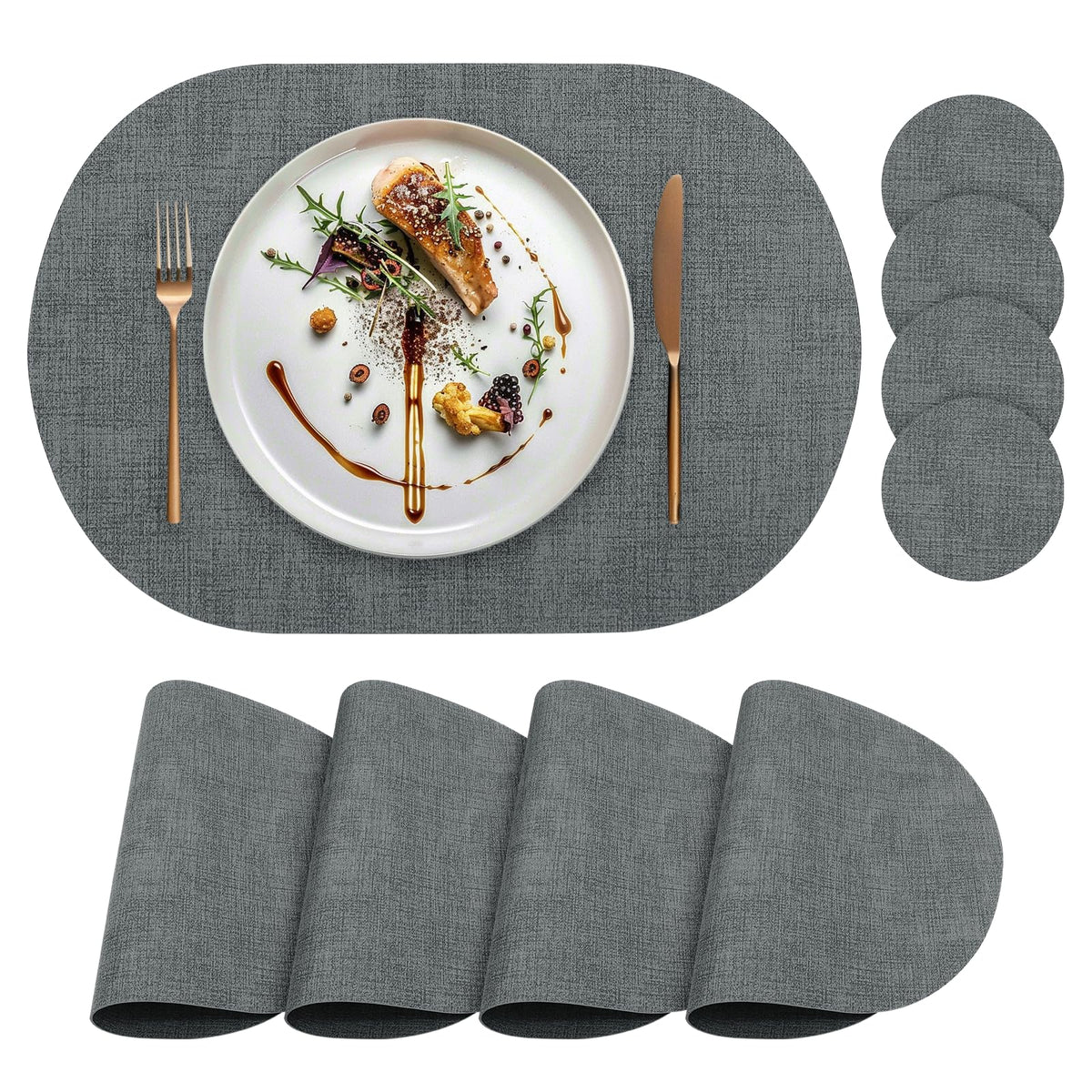 Faux Leather Placemats Set of 4 with Matching Coasters, Heat Resistant PU Oval Placemats, Waterproof Wipeable Washable Place Mats, Non-Slip Table Placemats for Dining Table Kitchen Patio