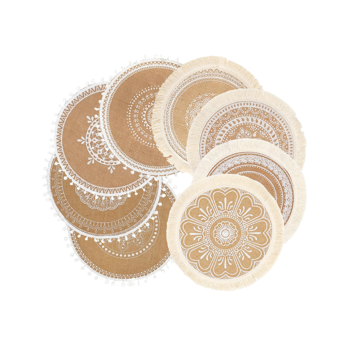 Round Placemats Set of 6, Dining Winter Modern Dinner Braided Beige Boho Round Table and Fall Circle Placemats Boho Tssels Runner Kitchen Table Plate Mats Set of 6 (Colour A)