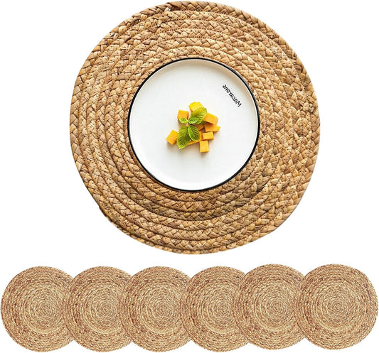 Woven Placemats Round Placemats Set of 6, 13.5 Inch Wicker Placemat Circle Rattan Placemats Farmhouse Boho Braided Natural Water Hyacinth Place Mats for Indoor & Outdoor Table Decor