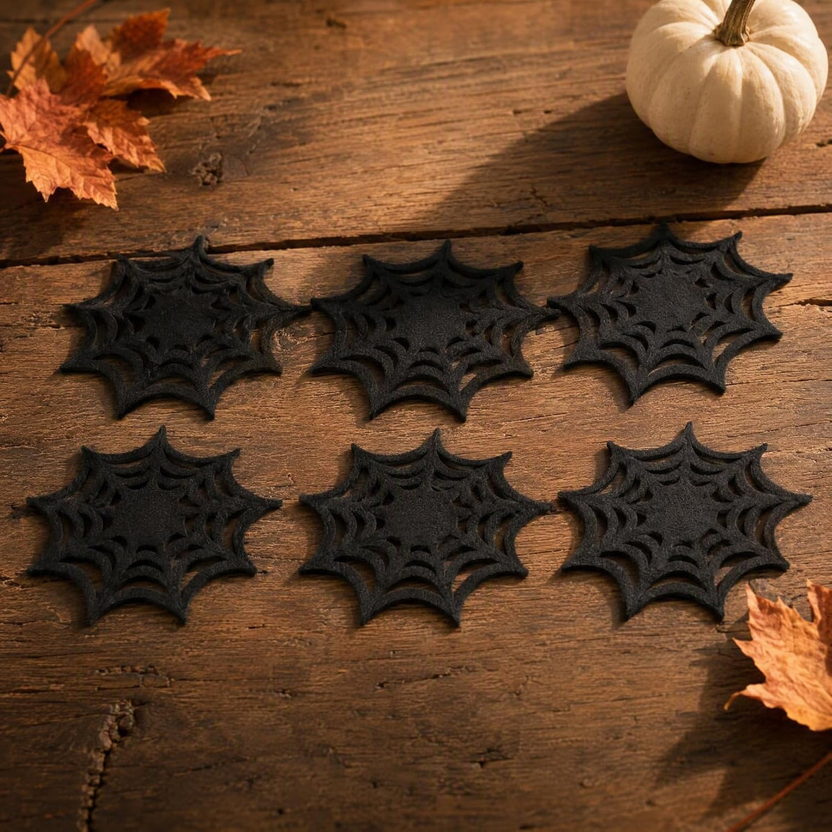 SHOWERORO Halloween Cobweb Coasters Set of 6 Black Felt Spider Web Placemats Heat Resistant Drink Coasters for Party Table Protection and Seasonal Decoration