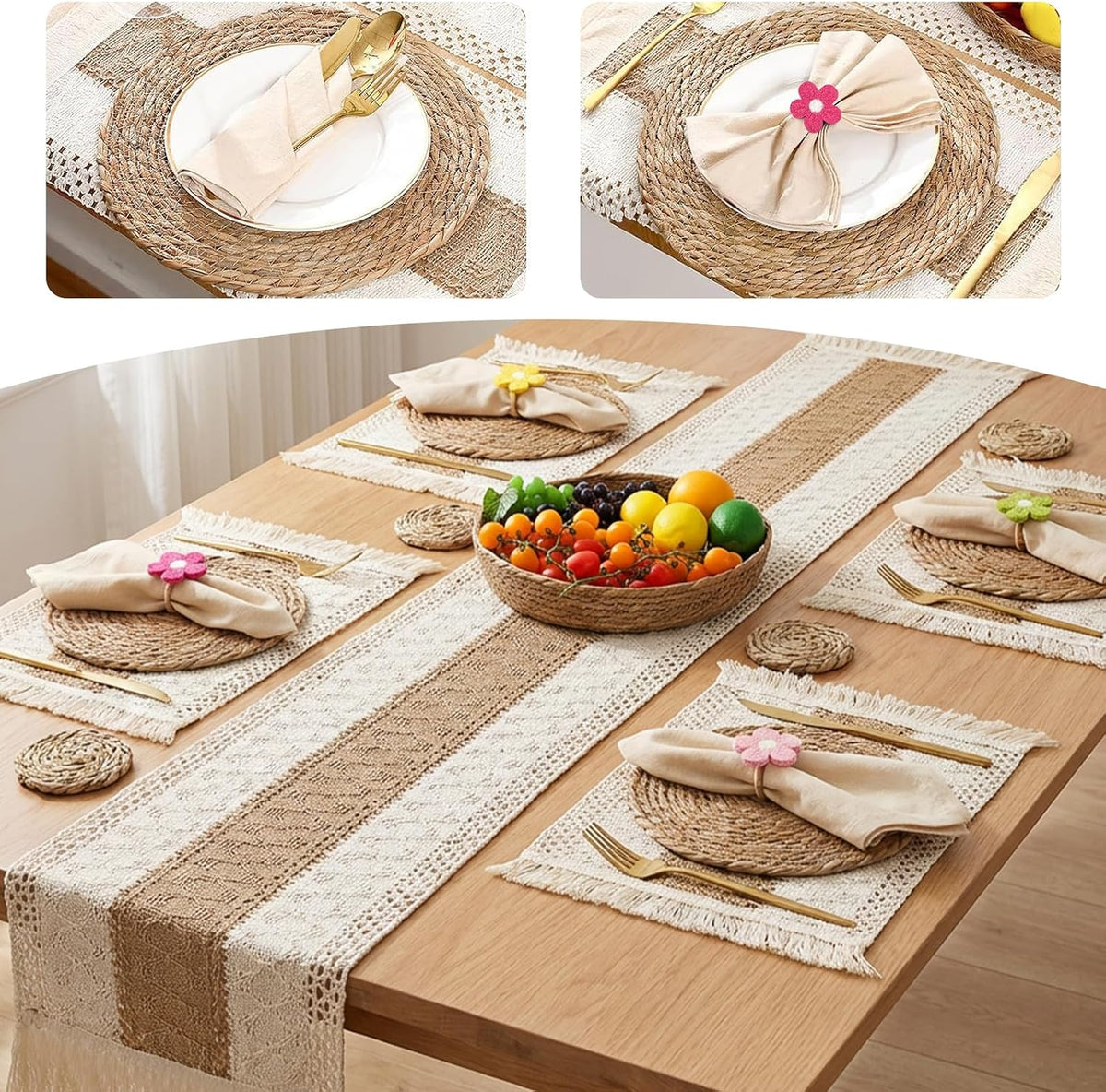 Boho Placemats Set of 6, 32-Piece Table Decor, Farmhouse Rustic Style