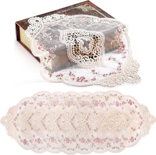 AVLA 6 Pack Lace Placemats, Retro French Style Cup Mat, Embroidered Dinning Table Place Mats, Fashionable Flower Vintage Crochet Lunchmat Doilies, Hollow Vase Mat for Home Kitchen Wedding Decoration