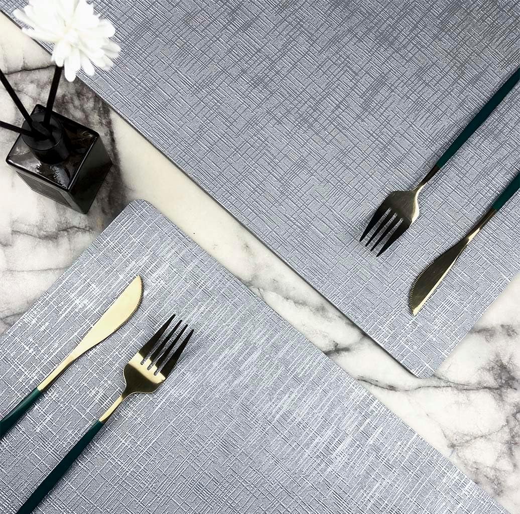 Elegant Placemats and Coasters Set 6, Vinyl Washable Place Mats with Non-Slip Stripes & Metallic Finish, Durable Dining Table Placemats Sets of 6, Dinner Table Mat with Coasters for Table Decor-Silver