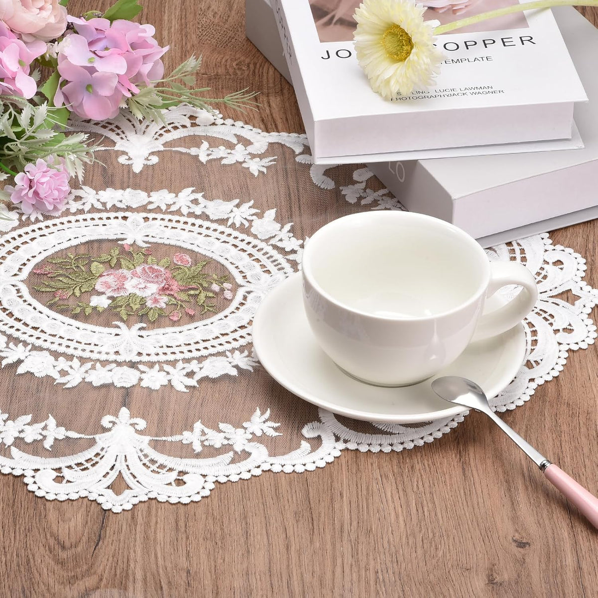 uxcell Retro Lace Placemat 12x16-in Oval Embroidered Table Place Mats French Crochet Doilies Coasters Cup Mat for Home Wedding, Black