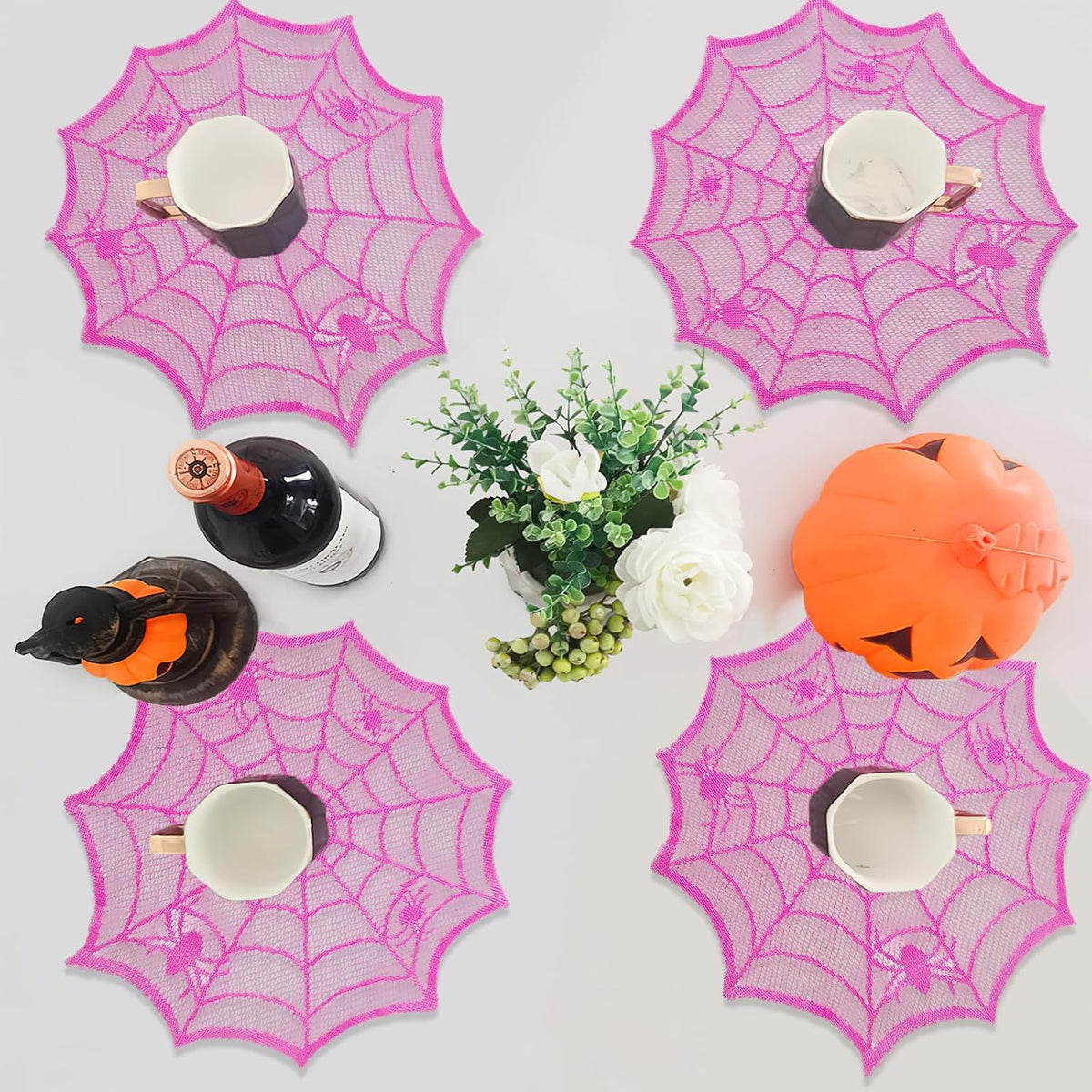 Halloween Spider Web Placemats Purple Lace Spider Web Heat Insulation Table Mats Placemat for Halloween Family Party Dining Table Decoration Supplies (4 Pcs)