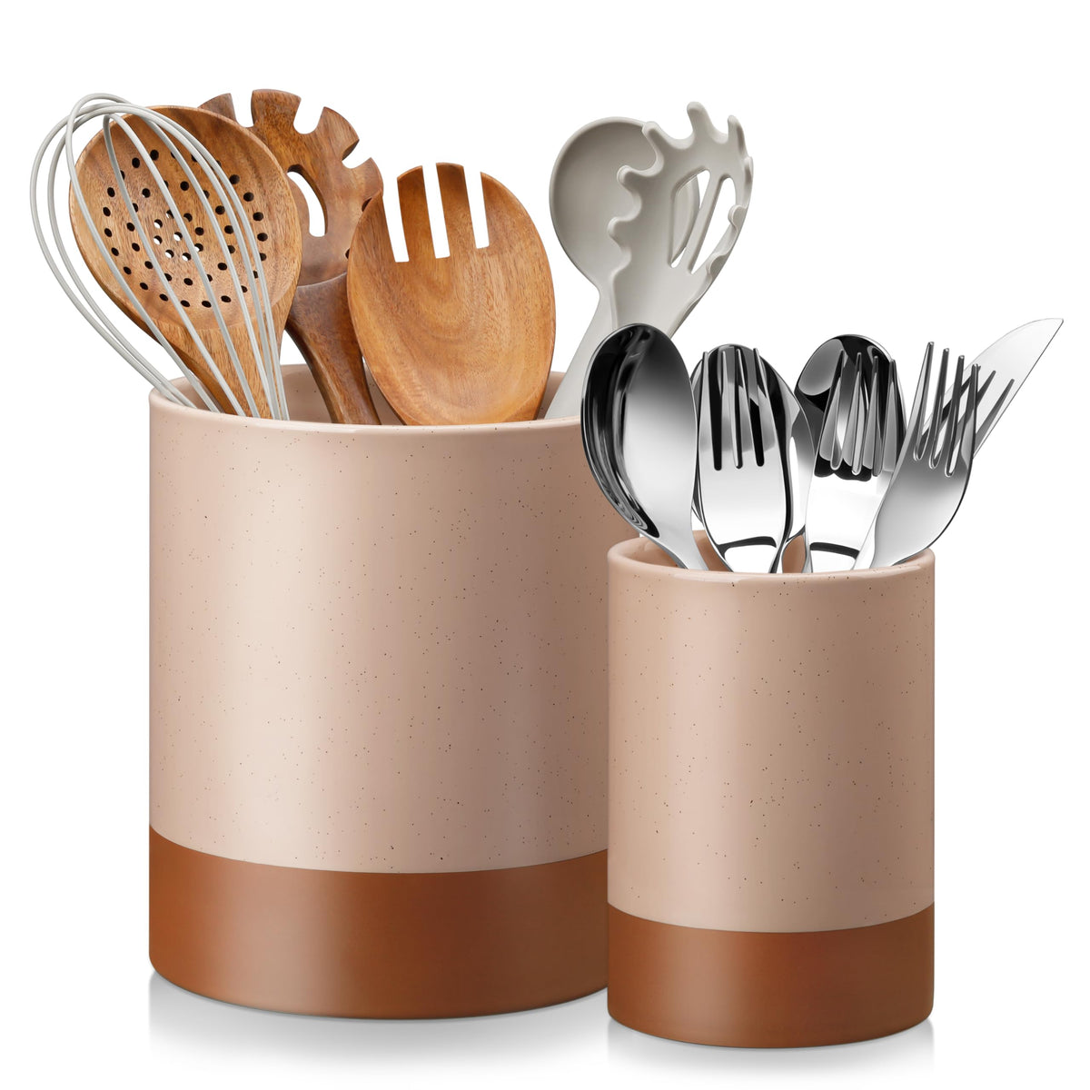 MALACASA Utensil Holder, 7.3"+5.5" Ceramic Kitchen Utensil Holder for Countertop, Large Cooking Utensil Crocks for Kitchen Counter, Farmhouse Utensils Organizer, Set of 2, Khaki White, Series TARA