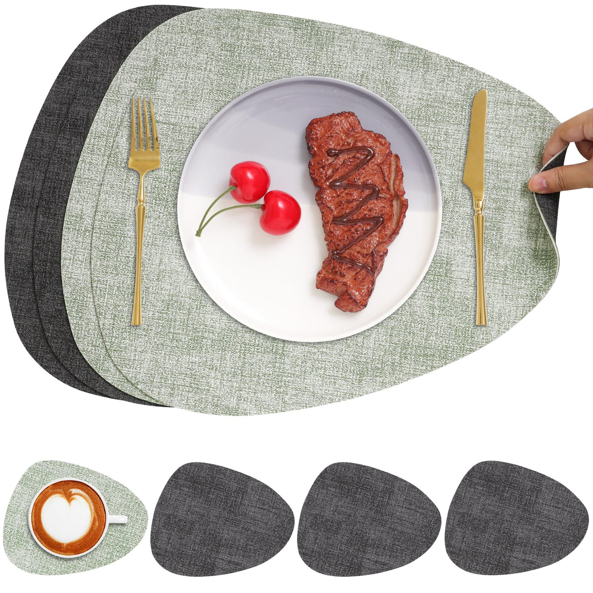 Faux Leather Placemats Set of 4, Dual Sided with Drink Coasters