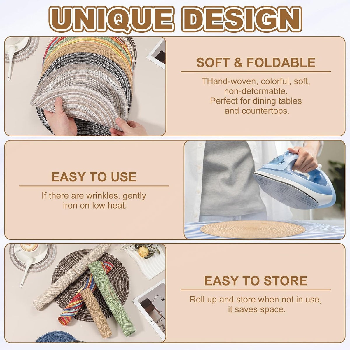 uxcell 8 Pcs Round Woven Placemats, 4.3 Inch Braided Washable Placemat Heat Resistant Decorative Place Mat for Kitchen Dining Table Countertop, Coffee/Khaki