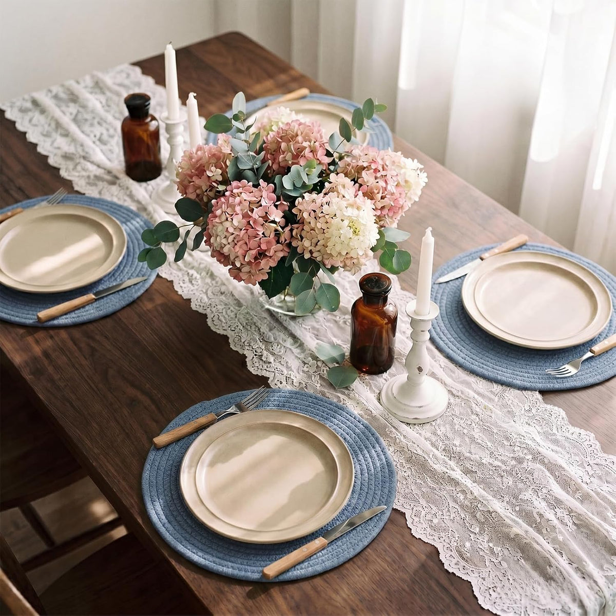 Round Woven Cotton Placemats Set of 4, Thick Braided Rope Table Mats, 13 Inches Non Slip Heat Resistant Place Mats, Farmhouse Boho Circular Hot Pads for Kitchen, Dining Table Decor (Blue 4 pcs)
