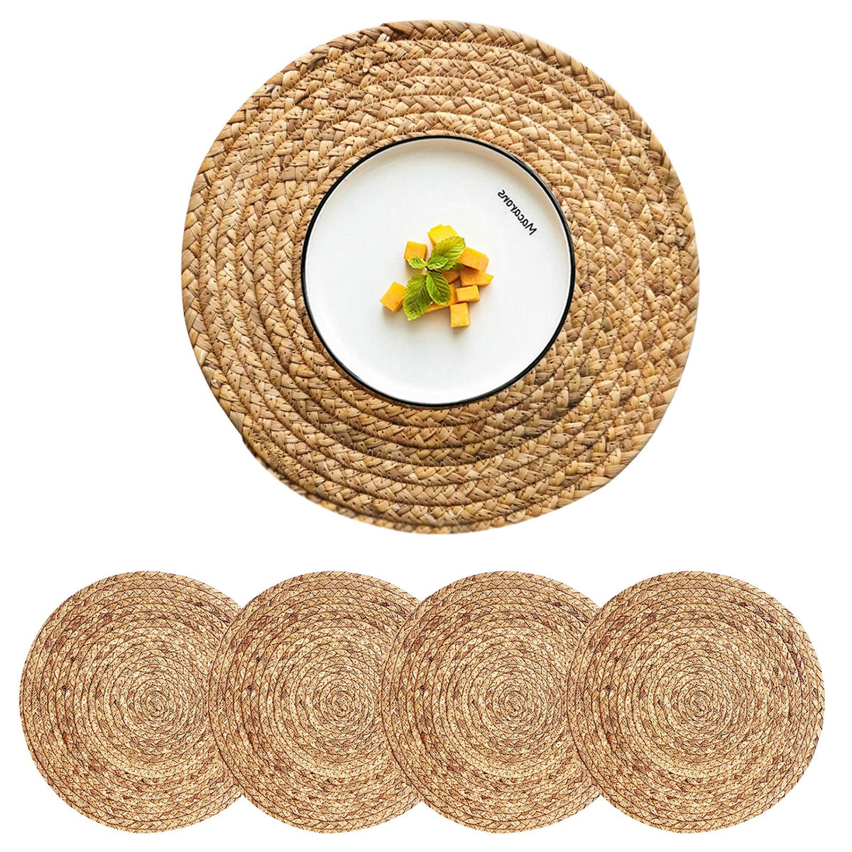 Woven Placemats Round Placemats Set of 6, 13.5 Inch Wicker Placemat Circle Rattan Placemats Farmhouse Boho Braided Natural Water Hyacinth Place Mats for Indoor & Outdoor Table Decor