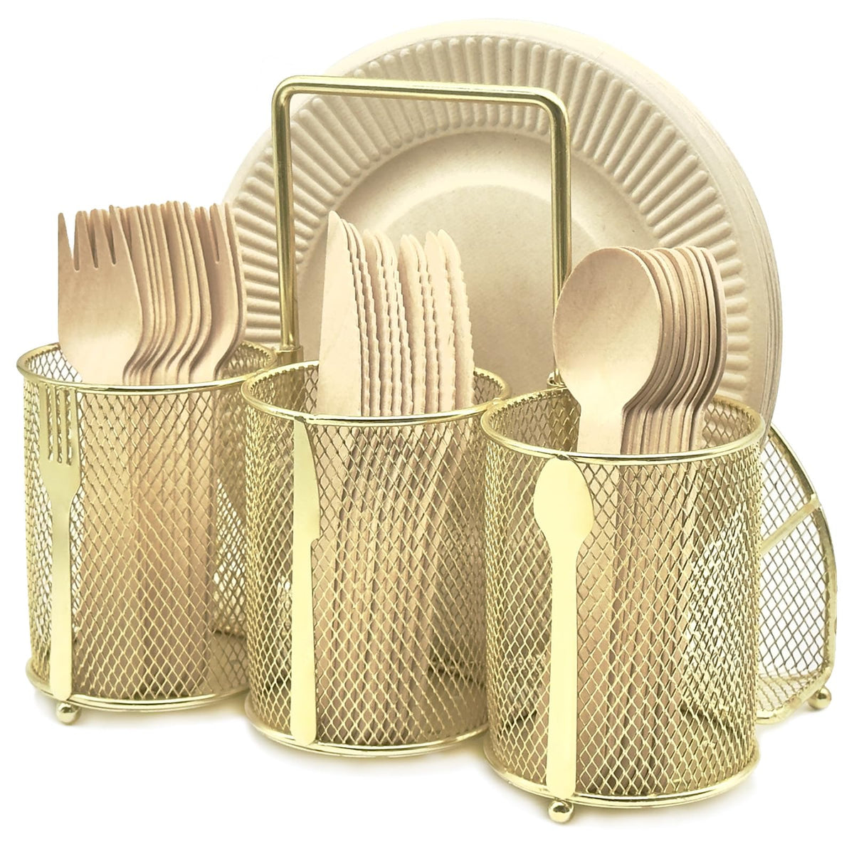 DysanVica Utensil Caddy Silverware Holder - 4 Compartment Metal Mesh Cutlery Fork Spoon Napkin Plate Organizer Flatware Storage Basket Party Kitchen Countertop Buffet Picnic Camping Outdoor BBQ Black