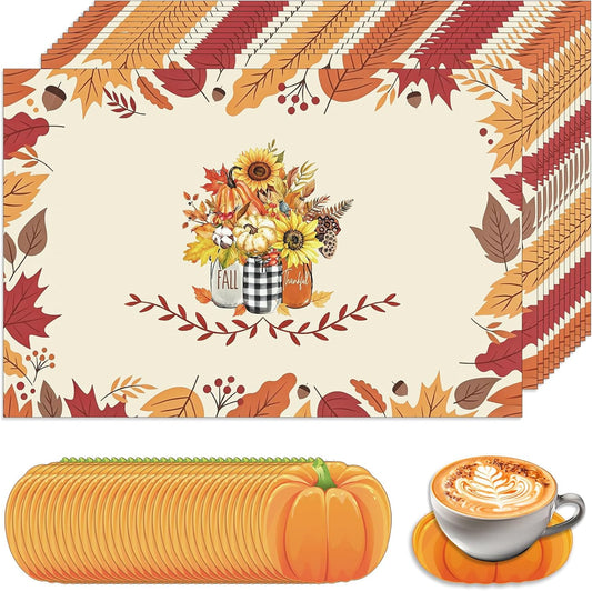 50Pcs Fall Paper Placemats, Autumn Pumpkins Disposable Placemats, 11 x 17 Inch Seasonal Thanksgiving Table Mats for Fall Party Kitchen Dining Thanksgiving Table Decoration