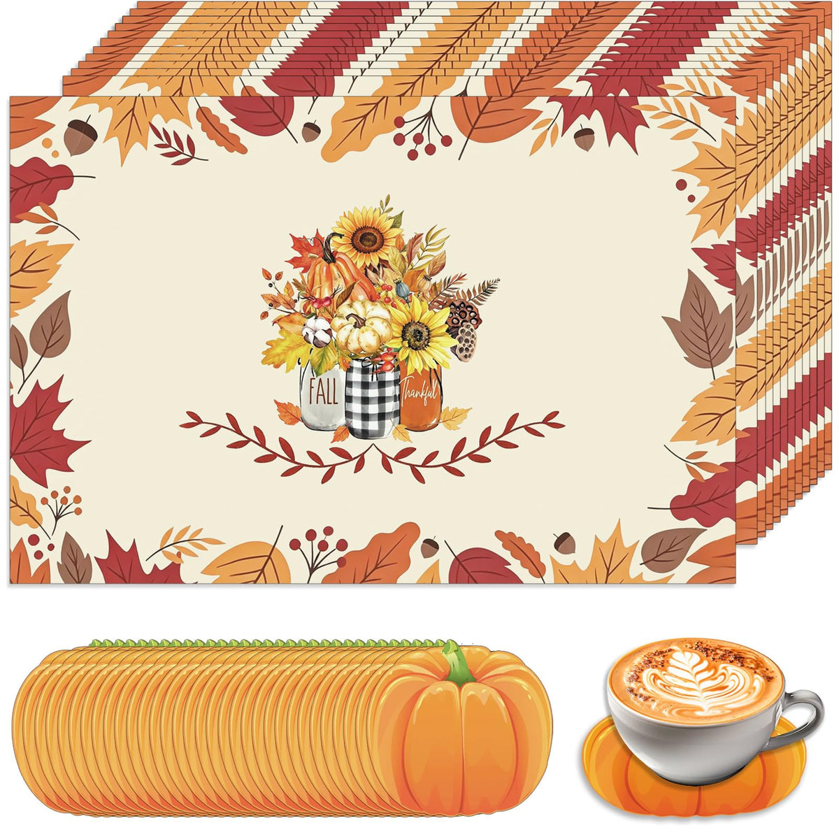 50Pcs Fall Paper Placemats, Autumn Pumpkins Disposable Placemats, 11 x 17 Inch Seasonal Thanksgiving Table Mats for Fall Party Kitchen Dining Thanksgiving Table Decoration