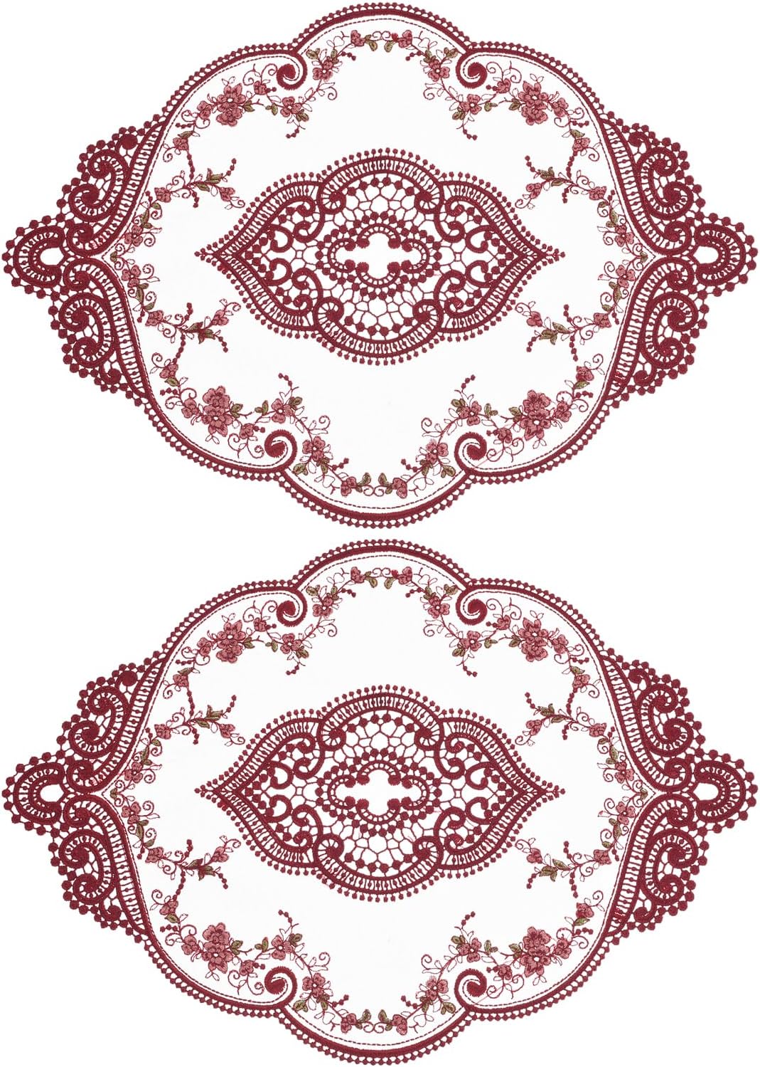 uxcell 2Pack Retro Lace Placemat 12x17-in Oval Embroidered Table Place Mats French Crochet Doilies Coasters Cup Mat for Home Wedding, Red